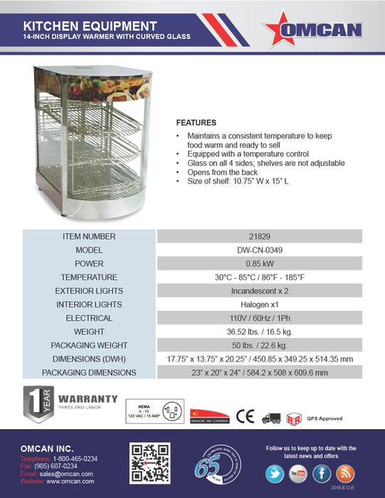 Omcan 14″ Countertop Display Warmer with Curved Glass Front – 3-Shelf Full-Service Heated Merchandiser Display Case, 0.85 kW