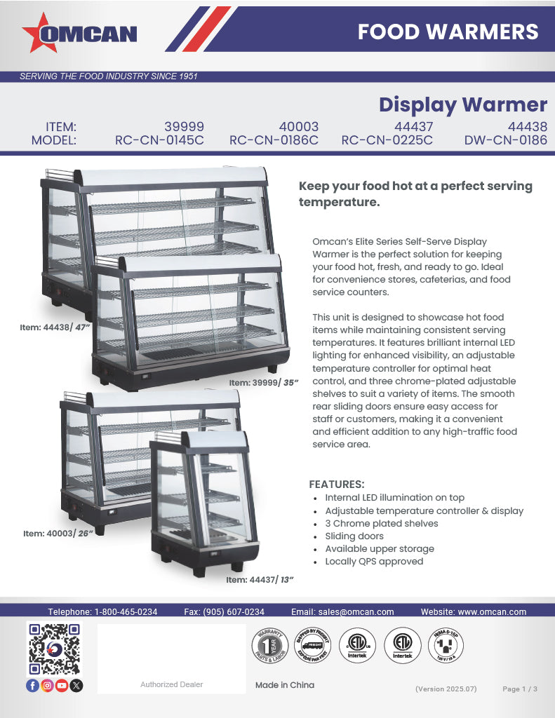 Omcan 47″ Countertop Display Warmer – 6.5 Cu. Ft. (186L), 3-Shelf Self-Service & Full-Service Heated Merchandiser Display Case with Sliding Doors