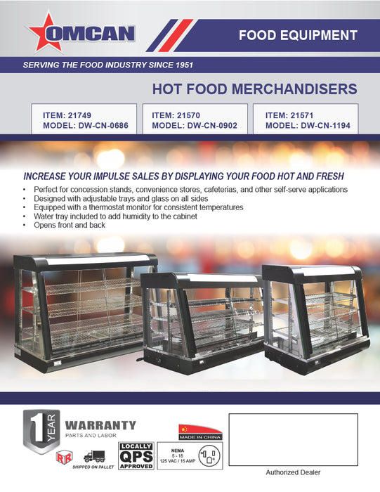 Omcan 36″ Countertop Display Warmer – 3-Shelf Heated Merchandiser Display Case with Sliding Doors, Self-Service & Full-Service Design, 1500W