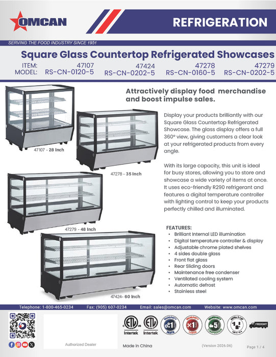 Omcan 28″ Square Glass Countertop Refrigerated Display Showcase – 4.2 Cu. Ft. (120L), Two-Shelf Stainless Steel Bakery & Merchandising Display Cooler