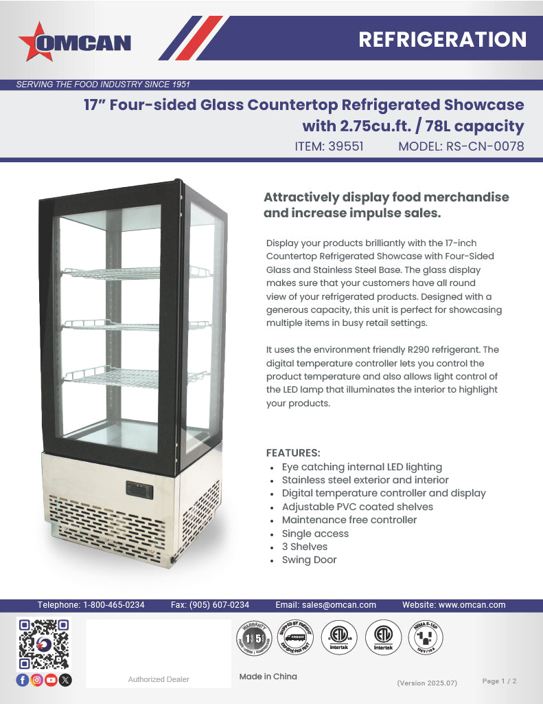 Omcan 17″ Vertical Countertop Refrigerated Display Showcase – 2.75 Cu. Ft. (78L), Three-Shelf Stainless Steel Bakery & Merchandising Display Cooler