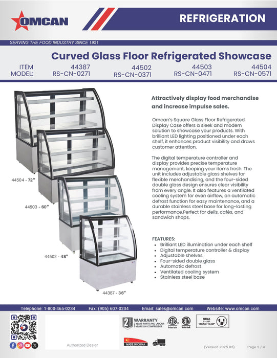 Omcan 48″ Curved Glass Floor Refrigerated Display Case – 14.83 Cu. Ft. (420L), Three-Shelf Stainless Steel Bakery & Merchandising Display Cooler