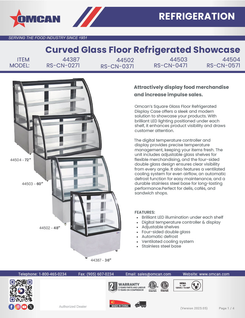 Omcan 72″ Curved Glass Floor Refrigerated Display Case – 22.95 Cu. Ft. (650L), Three-Shelf Stainless Steel Bakery & Merchandising Display Cooler
