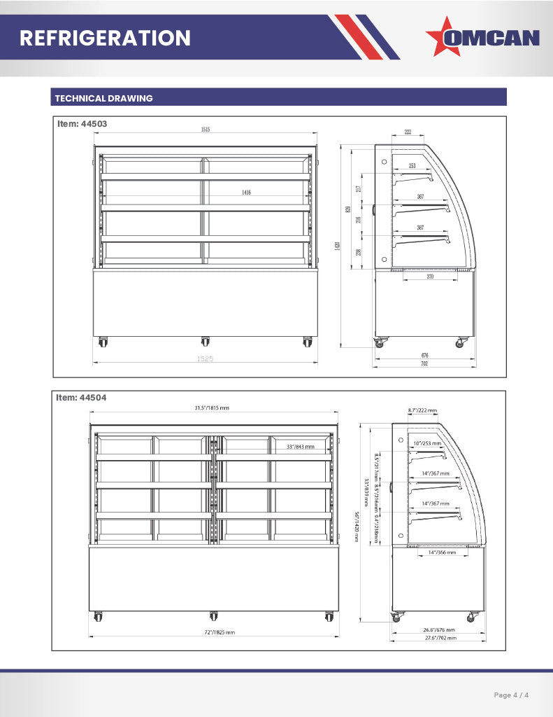 Omcan 48″ Curved Glass Floor Refrigerated Display Case – 14.83 Cu. Ft. (420L), Three-Shelf Stainless Steel Bakery & Merchandising Display Cooler
