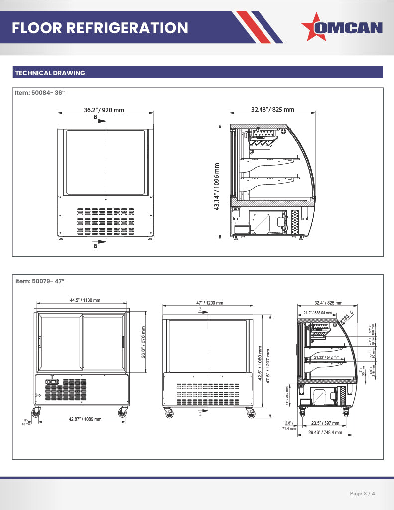 Omcan 82″ Floor Refrigerated Display Case – 32 Cu. Ft. (903L), Two-Shelf Stainless Steel Bakery & Merchandising Display Cooler