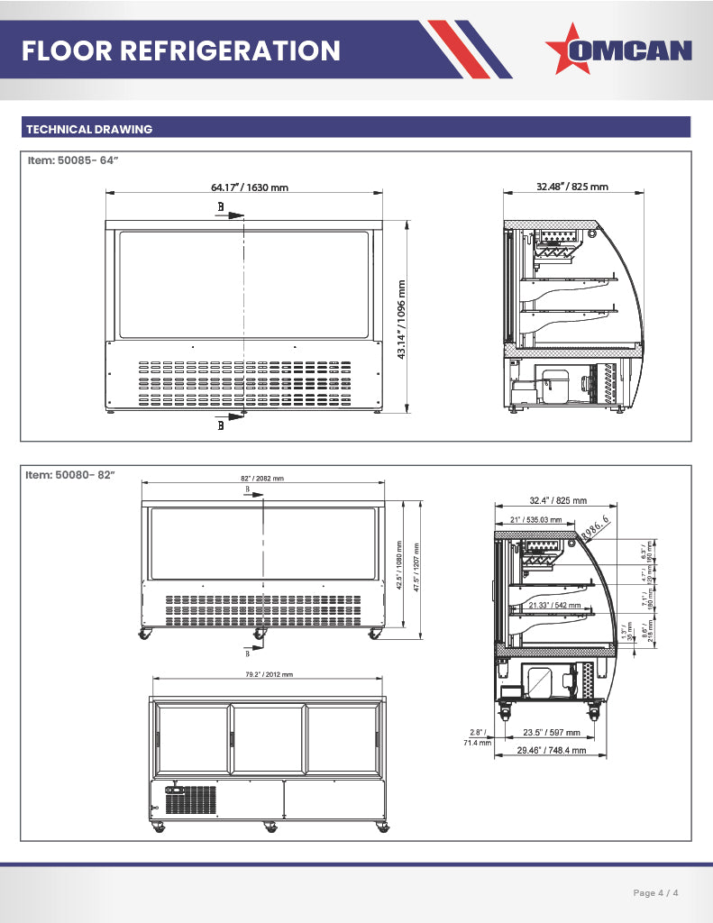 Omcan 64″ Floor Refrigerated Display Case – 22 Cu. Ft. (620L), Two-Shelf Stainless Steel Bakery & Merchandising Display Cooler