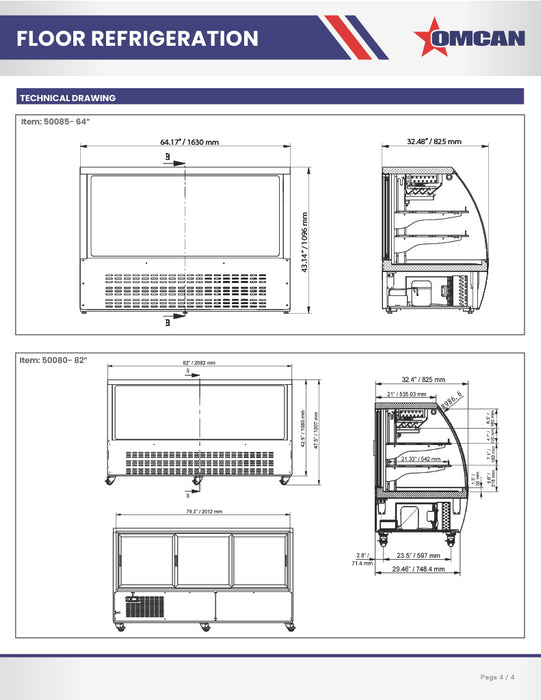 Omcan 64″ Floor Refrigerated Display Case – 22 Cu. Ft. (620L), Two-Shelf Stainless Steel Bakery & Merchandising Display Cooler