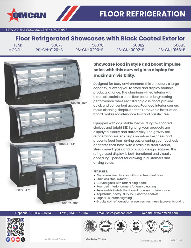 Omcan 64″ Floor Refrigerated Display Case – 22 Cu. Ft. (620L), Two-Shelf Black Bakery & Merchandising Display Cooler