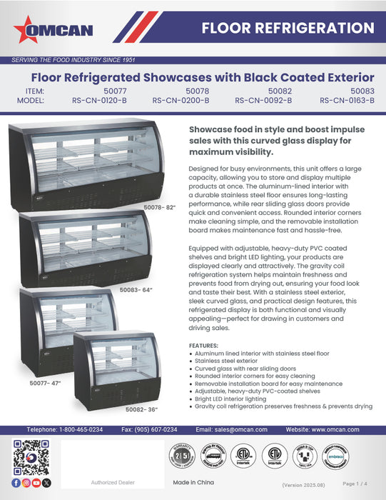 Omcan 47″ Floor Refrigerated Display Case – 18 Cu. Ft. (508L), Two-Shelf Black Bakery & Merchandising Display Cooler