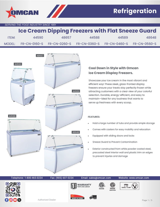 Omcan 60″ Ice Cream Dipping Freezer – 10+8 Tubs Capacity, Flat Sneeze Guard Ice Cream Merchandiser Freezer