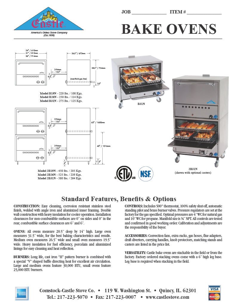 Comstock-Castle 2B19N 19" Restaurant-Type Gas Oven, Double Deck, Stainless Steel - Donut-Equipment.com