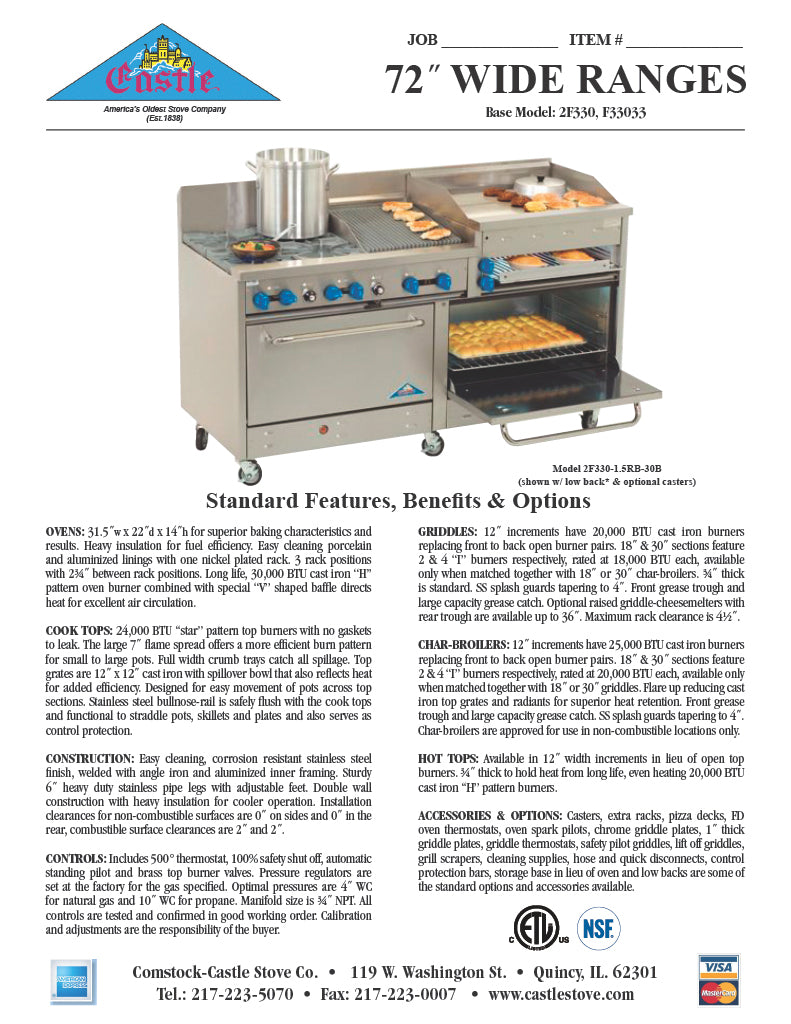 Comstock-Castle 2F330-24 72" Gas Restaurant Range, 8 Open Burners, 24" Griddle, 2 Standard Ovens, Stainless Steel Front, 316,000 BTU - Donut-Equipment.com