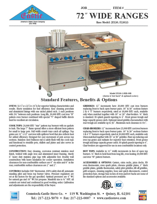 Comstock-Castle 2F330-60 72" Gas Restaurant Range, 2 Open Burners, 60" Griddle, 2 Standard Ovens, Stainless Steel Front, 234,000 BTU - Donut-Equipment.com