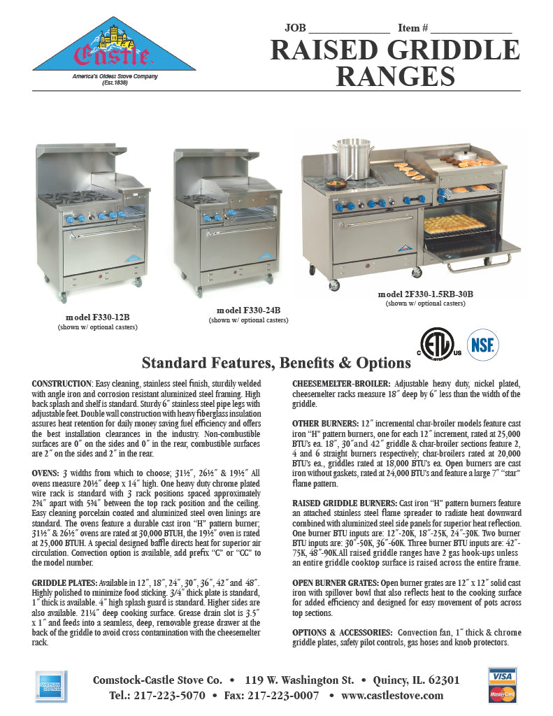 Comstock-Castle 2F330-1.5RB-30B 72" Gas Restaurant Range, 4 Open Burners, 27" Radiant Broiler, 30" Charbroiler, 2 Standard Ovens, Stainless Steel Front, 246,000 BTU - Donut-Equipment.com