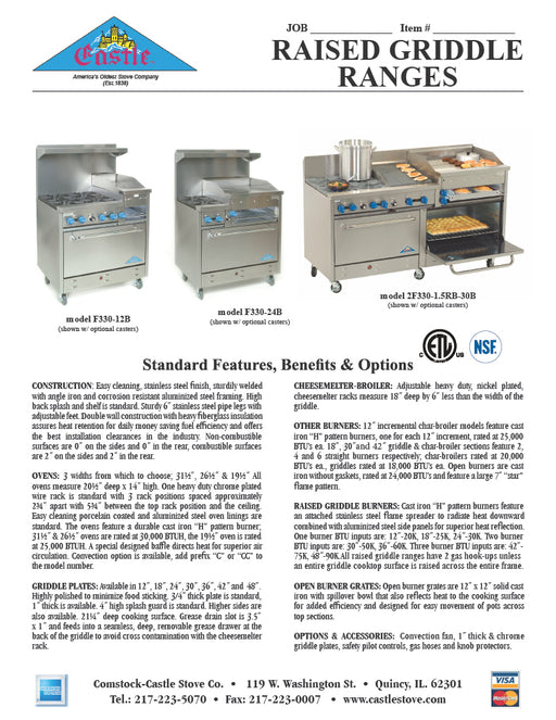 Comstock-Castle 2F330-1.5RB-30B 72" Gas Restaurant Range, 4 Open Burners, 27" Radiant Broiler, 30" Charbroiler, 2 Standard Ovens, Stainless Steel Front, 246,000 BTU - Donut-Equipment.com