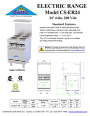 Comstock-Castle CS-ER24-208 24" Electric Restaurant Range, Thermostat Controls, Adjustable Feet, Stainless Steel Construction, 208V, 2.6 kW - Donut-Equipment.com