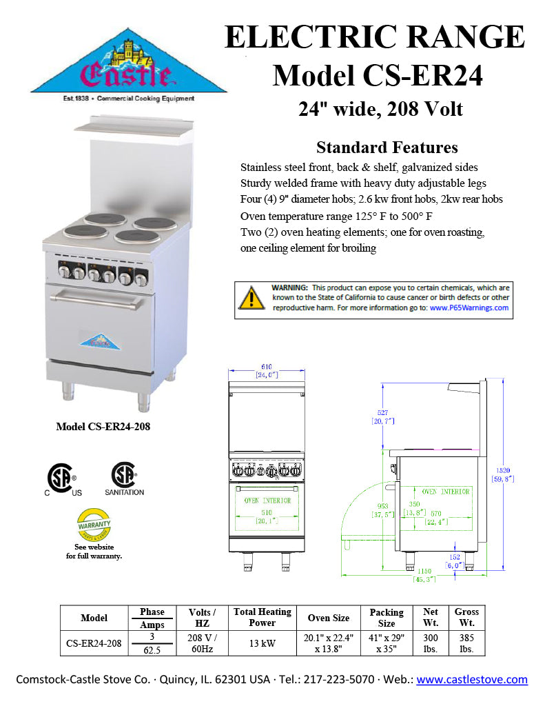 Comstock-Castle CS-ER24-208 24" Electric Restaurant Range, Thermostat Controls, Adjustable Feet, Stainless Steel Construction, 208V, 2.6 kW - Donut-Equipment.com