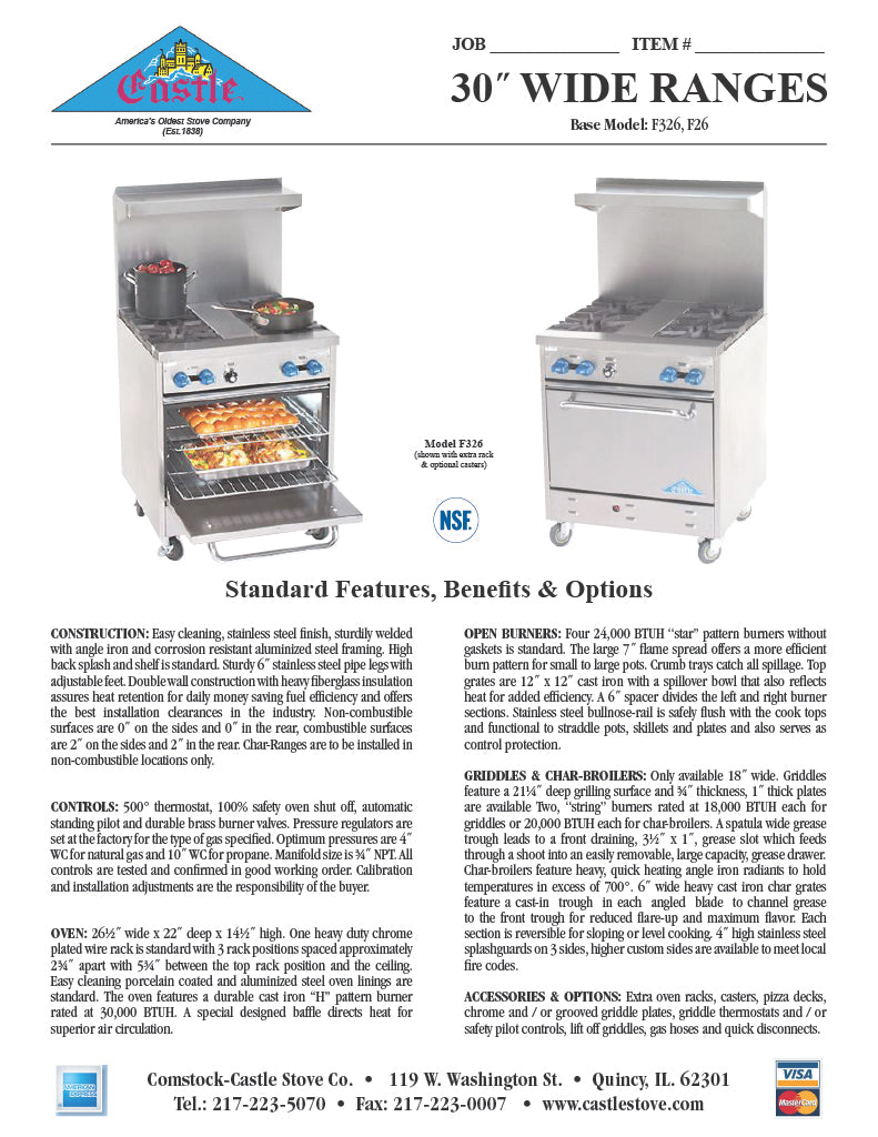 Comstock-Castle F26 30" Gas Restaurant Range, 4 Open Burners, Cabinet Base, 96,000 BTU, Stainless Steel Front - Donut-Equipment.com