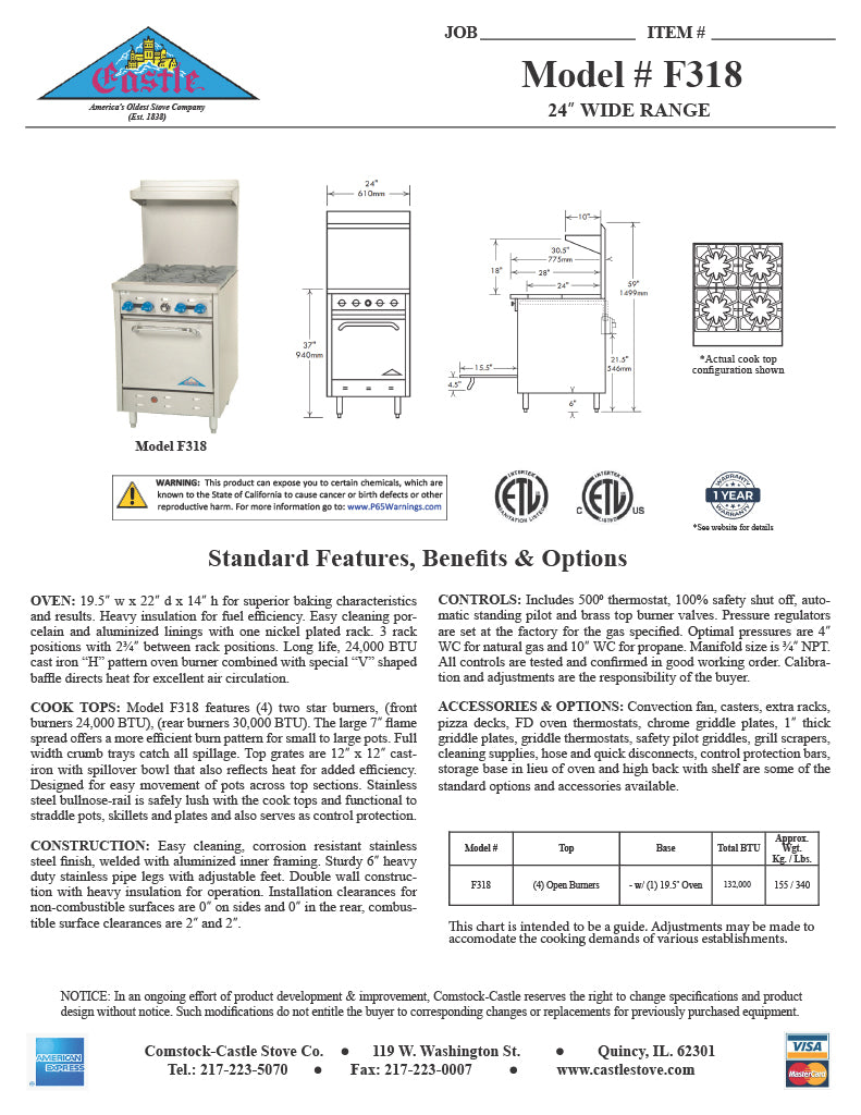 Comstock-Castle F318 24" Gas Restaurant Range, 4 Open Burners, Single Standard Oven, Stainless Steel Front, 132,000 BTU - Donut-Equipment.com