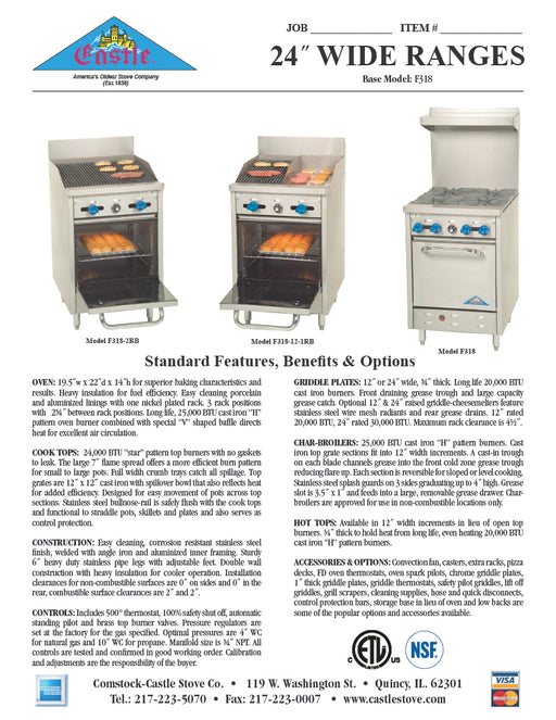 Comstock-Castle F318-12 24" Gas Restaurant Range, 2 Open Burners, 12" Griddle, Single Standard Oven, Stainless Steel Front, 93,000 BTU - Donut-Equipment.com