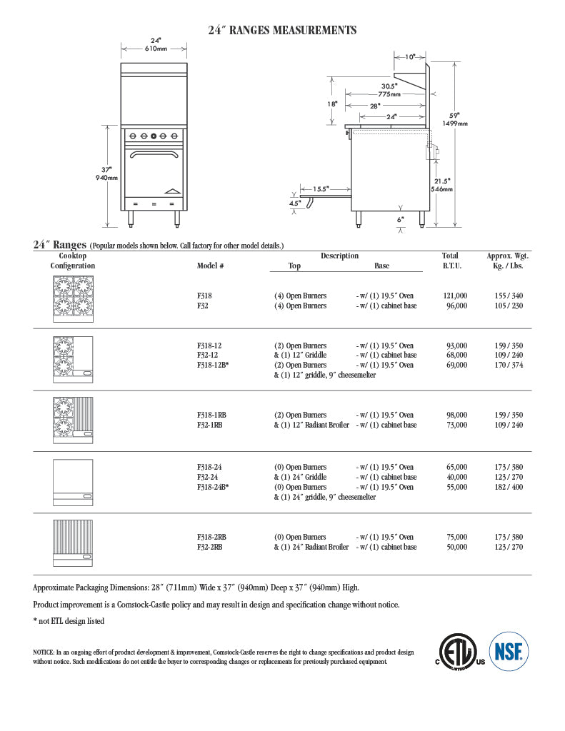 Comstock-Castle F318-12 24" Gas Restaurant Range, 2 Open Burners, 12" Griddle, Single Standard Oven, Stainless Steel Front, 93,000 BTU - Donut-Equipment.com