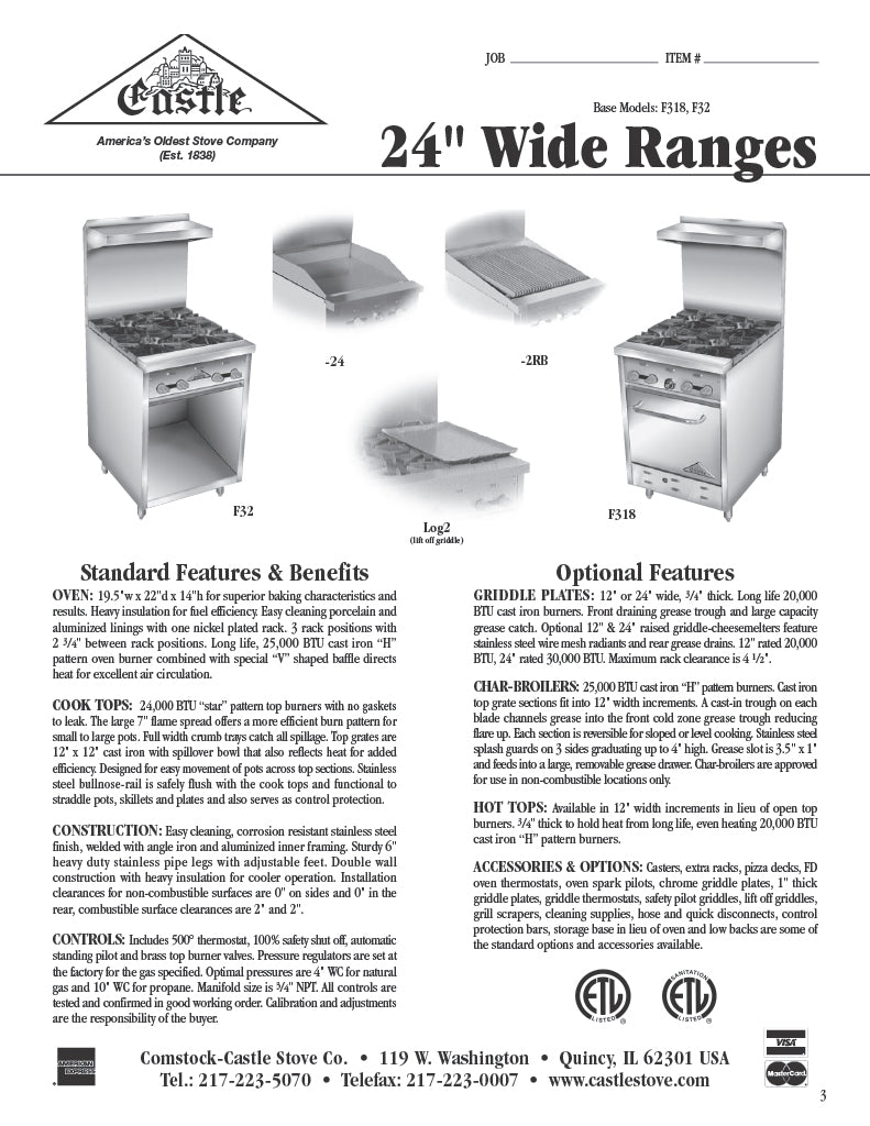 Comstock-Castle F32-24 24" Gas Restaurant Range, 24" Griddle, Cabinet Base, Stainless Steel Front, 40,000 BTU - Donut-Equipment.com