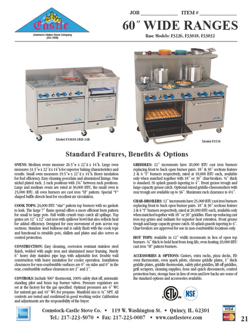 Comstock-Castle F3226-36B 60" Gas Restaurant Range, 4 Open Burners, 36" Charbroiler, 2 Standard Ovens, Stainless Steel Front, 216,000 BTU - Donut-Equipment.com