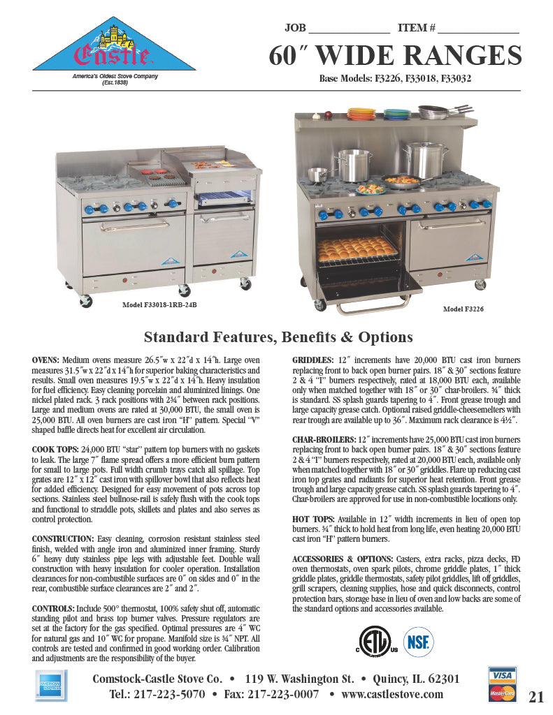 Comstock-Castle F3226-48 60" Gas Restaurant Range, 2 Open Burners, 48" Griddle, 2 Standard Ovens, Stainless Steel Front, 210,000 BTU - Donut-Equipment.com