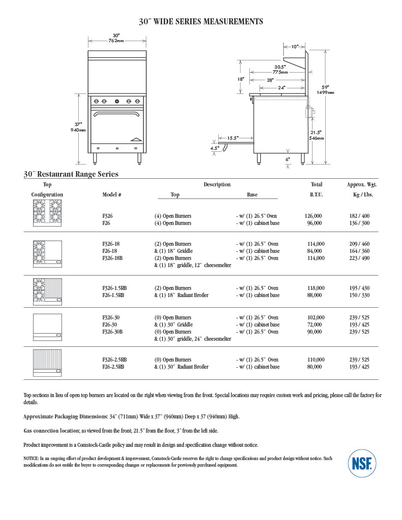 Comstock-Castle F326-1.5RB 30" Gas Restaurant Range, 2 Open Burners, 18" Radiant Broiler, Single Standard Oven, Stainless Steel Front, 118,000 BTU - Donut-Equipment.com