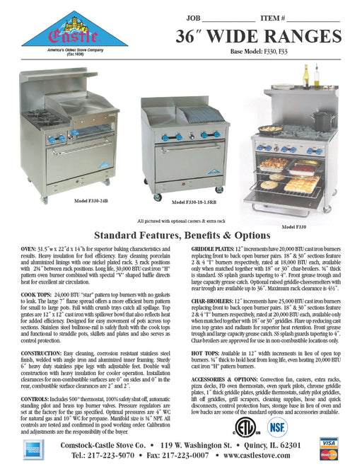 Comstock-Castle F33 36" Gas Restaurant Range, 6 Open Burners, Cabinet Base, Stainless Steel Front, 144,000 BTU - Donut-Equipment.com