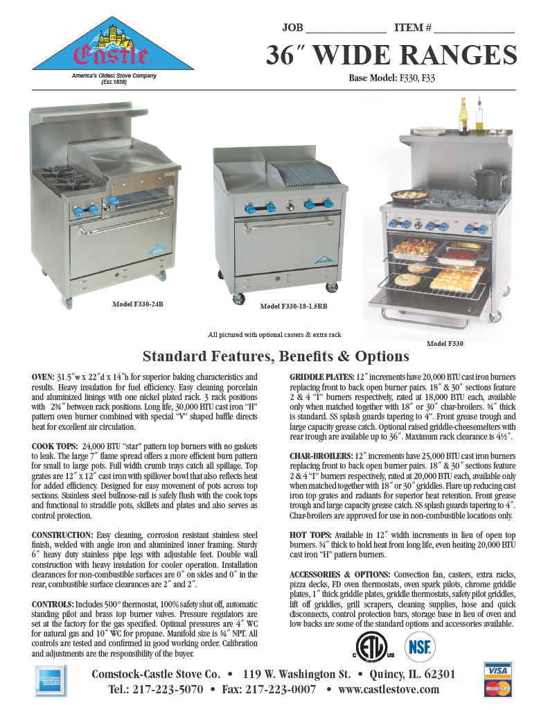 Comstock-Castle F330-12 36" Gas Restaurant Range, 4 Open Burners, 12" Griddle, Single Standard Oven, Stainless Steel Front, 162,000 BTU - Donut-Equipment.com