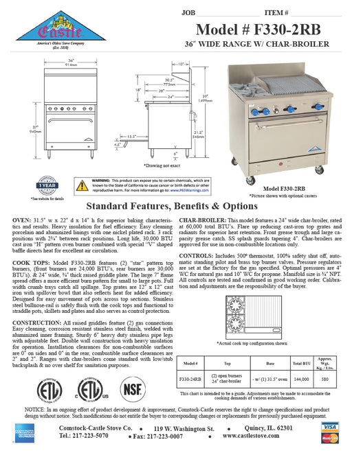 Comstock-Castle F330-2RB 36" Gas Restaurant Range, 2 Open Burners, 24" Radiant Broiler, Single Standard Oven, Stainless Steel Front, 144,000 BTU - Donut-Equipment.com