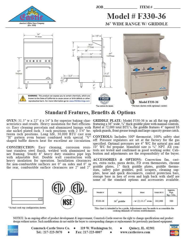 Comstock-Castle F330-36 36" Gas Restaurant Range, 36" Manual Griddle, Single Standard Oven, Stainless Steel Front, 102,000 BTU - Donut-Equipment.com