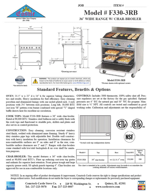 Comstock-Castle F330-3RB 36" Gas Restaurant Range, 36" Radiant Broiler, Single Standard Oven, Stainless Steel Front, 105,000 BTU - Donut-Equipment.com