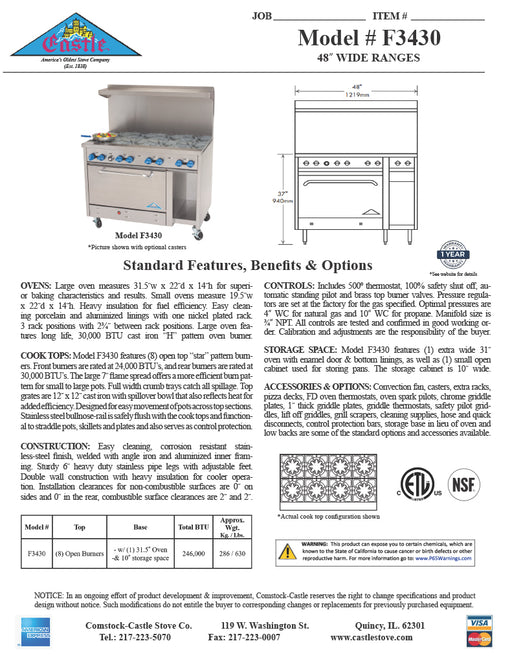 Comstock-Castle F3430 48" Gas Restaurant Range, 8 Open Burners, Single Standard Oven, Stainless Steel Front, 246,000 BTU - Donut-Equipment.com