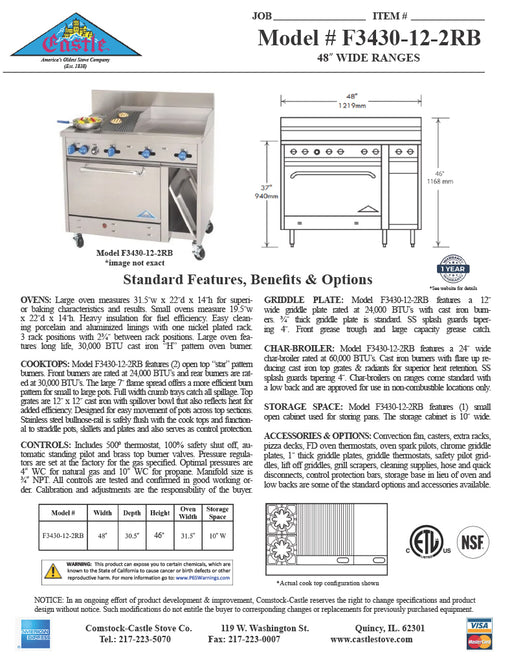 Comstock-Castle F3430-12-2RB 48" Gas Restaurant Range, 2 Open Burners, 12" Griddle, 24" Charbroiler, Single Standard Oven, Stainless Steel Front, 148,000 BTU - Donut-Equipment.com