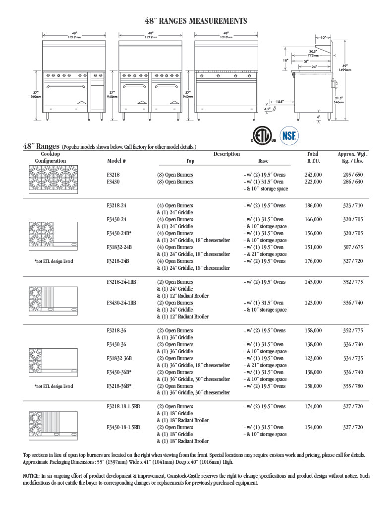 Comstock-Castle F3430-1RB 48" Gas Restaurant Range, 6 Open Burners, 12" Charbroiler, Single Standard Oven, Stainless Steel Front, 199,000 BTU - Donut-Equipment.com
