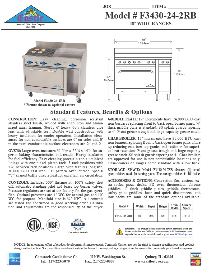 Comstock-Castle F3430-24-2RB 48" Gas Restaurant Range, 24" Griddle, 24" Charbroiler, Single Standard Oven, Stainless Steel Front, 120,000 BTU - Donut-Equipment.com