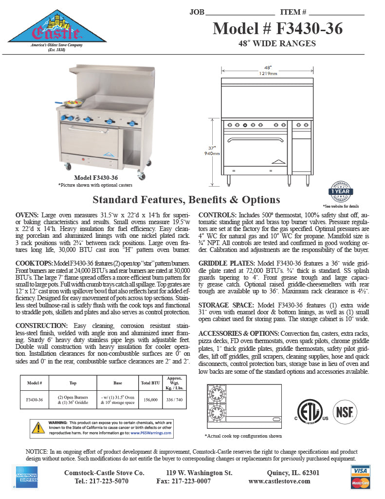 Comstock-Castle F3430-36 48" Gas Restaurant Range, 2 Open Burners, 36" Griddle, Single Standard Oven, Stainless Steel Front, 138,000 BTU - Donut-Equipment.com