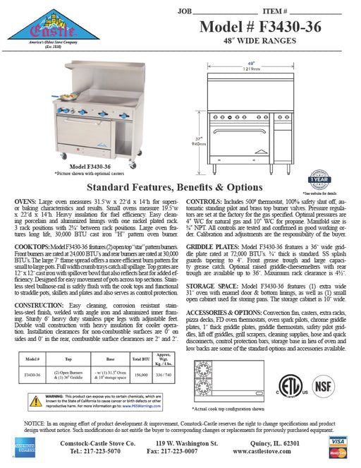 Comstock-Castle F3430-36 48" Gas Restaurant Range, 2 Open Burners, 36" Griddle, Single Standard Oven, Stainless Steel Front, 138,000 BTU - Donut-Equipment.com
