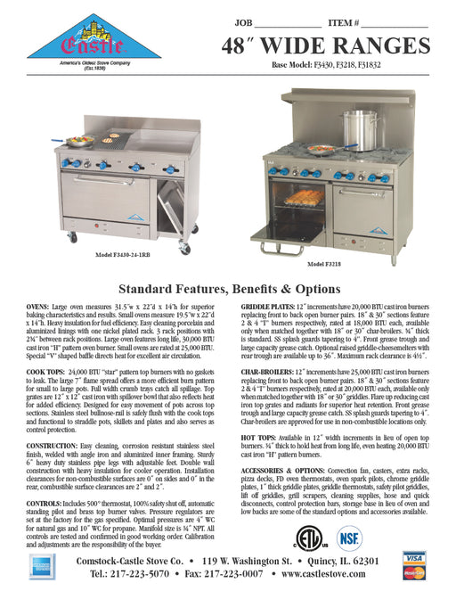 Comstock-Castle F3430-4RB 48" Gas Restaurant Range, 48" Radiant Broiler, Single Standard Oven, Stainless Steel Front, 130,000 BTU - Donut-Equipment.com