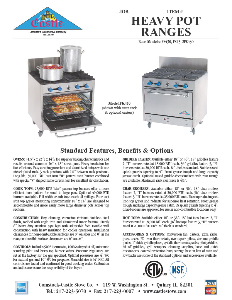 Comstock-Castle FK43-18 36" Gas Restaurant Range, 2 Open Burners, 18" Griddle, Cabinet Base, Stainless Steel Front, 80,000 BTU - Donut-Equipment.com