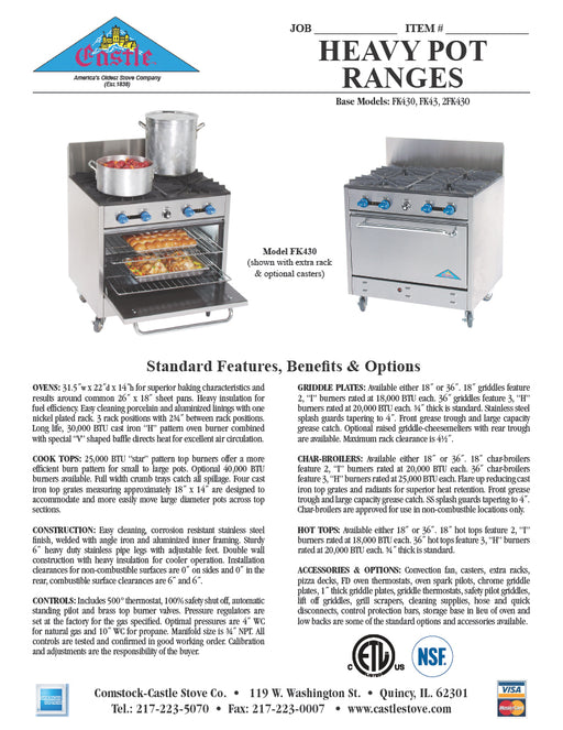 Comstock-Castle FK43-18 36" Gas Restaurant Range, 2 Open Burners, 18" Griddle, Cabinet Base, Stainless Steel Front, 80,000 BTU - Donut-Equipment.com