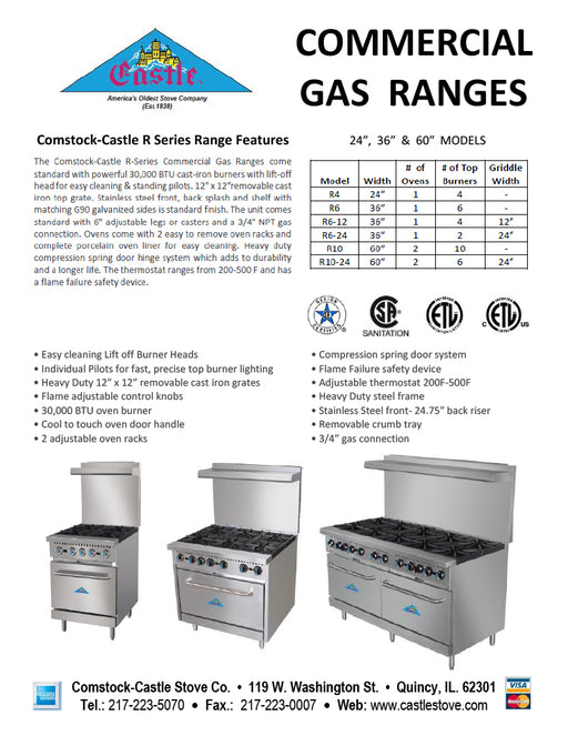 Comstock-Castle R4 24" Gas Restaurant Range, 4 Open Burners, Double Standard Oven, Stainless Steel Front, 150,000 BTU - Donut-Equipment.com