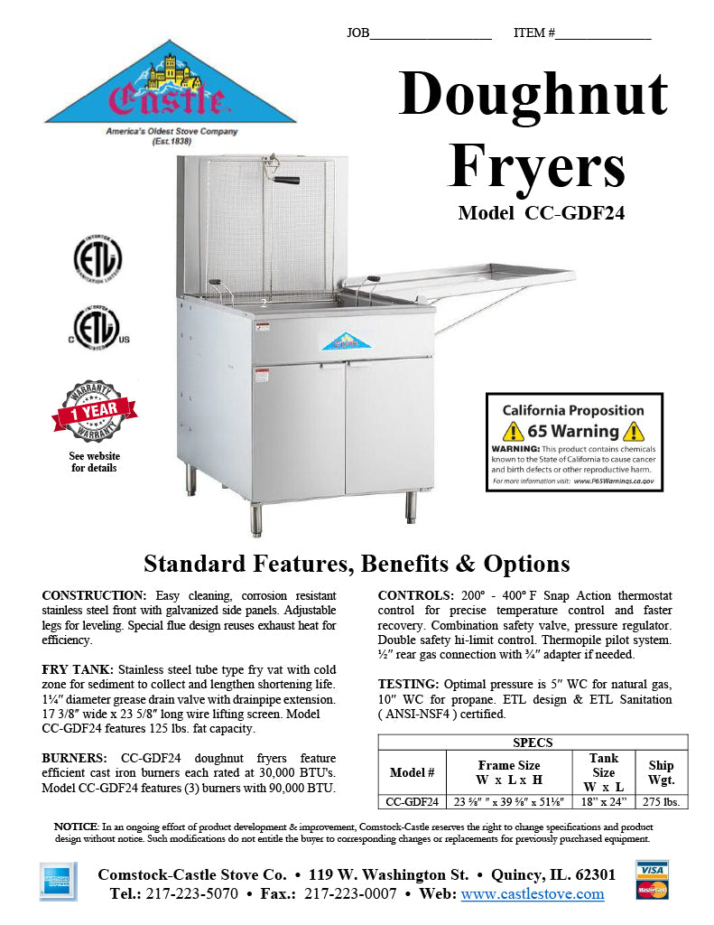 Comstock-Castle CC-GDF24 24" Gas Floor Model Donut Fryer, 18" x 24" Fry Pot, 125 lb. Fat Capacity, Thermostatic Controls, Stainless Steel Front, 90,000 BTU - Donut-Equipment.com