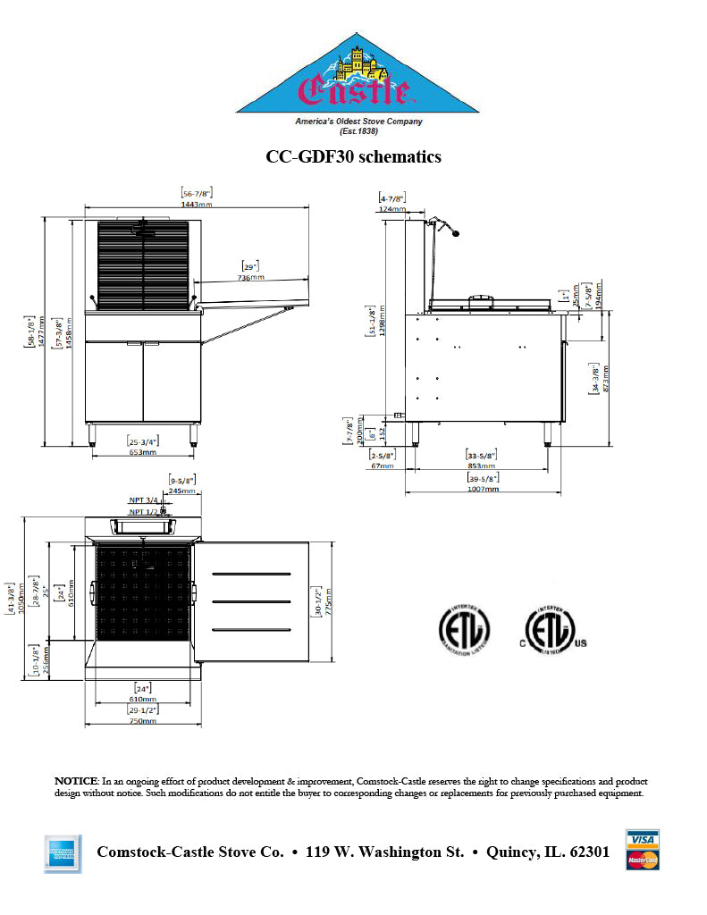 Comstock-Castle CC-GDF30 30" Gas Floor Model Donut Fryer, 24" x 24" Fry Pot, 150–210 lb. Fat Capacity, Thermostatic Controls, Stainless Steel Front, 120,000 BTU - Donut-Equipment.com