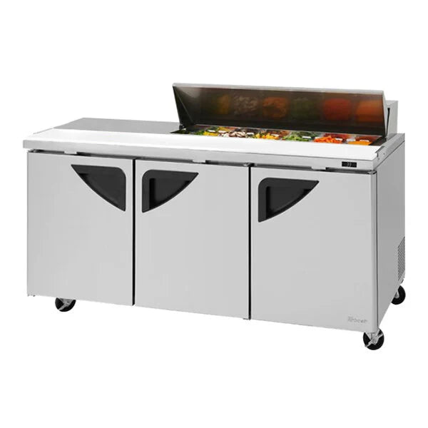 Turbo Air Super Deluxe TST-72SD-12S-N-LW 72" 3 Door Refrigerated Sandwich Prep Table with Left Work Station - Donut-Equipment.com