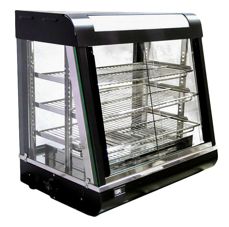 Omcan 27″ Countertop Display Warmer – 3-Shelf Heated Merchandiser Display Case with Sliding Doors, Self-Service & Full-Service Design, 1340W