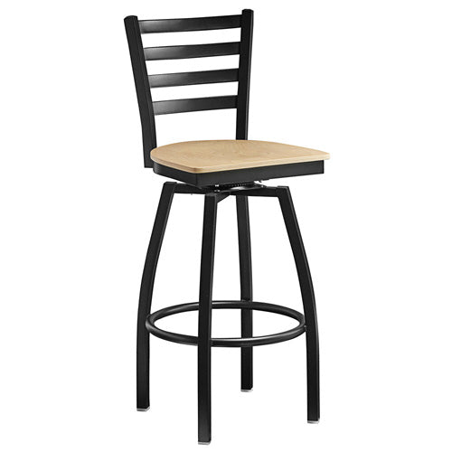 Omcan Bar Height Metal Ladder Swivel Chair with Natural Wood Seat – Commercial Restaurant Bar Stool with Steel Frame, Swivel Function, and Solid Wood Seat Design