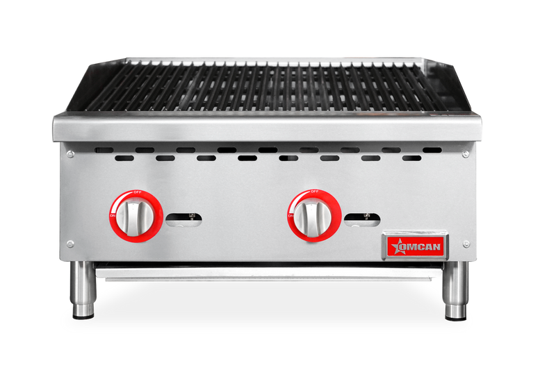 Omcan 24" Radiant Gas Charbroiler – 70,000 BTU Commercial Countertop Charbroiler with 2 Burners and Heavy-Duty Cast Iron Grates - Donut-Equipment.com